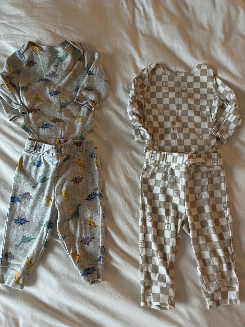 Neutral Check 9M & Dinosaur Kids            6M Pajama Set - Beige/Grey 2 sets